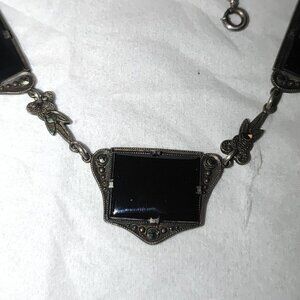 Antique Art Deco Black Glass Necklace  Intricate Metalwork Floral Accents